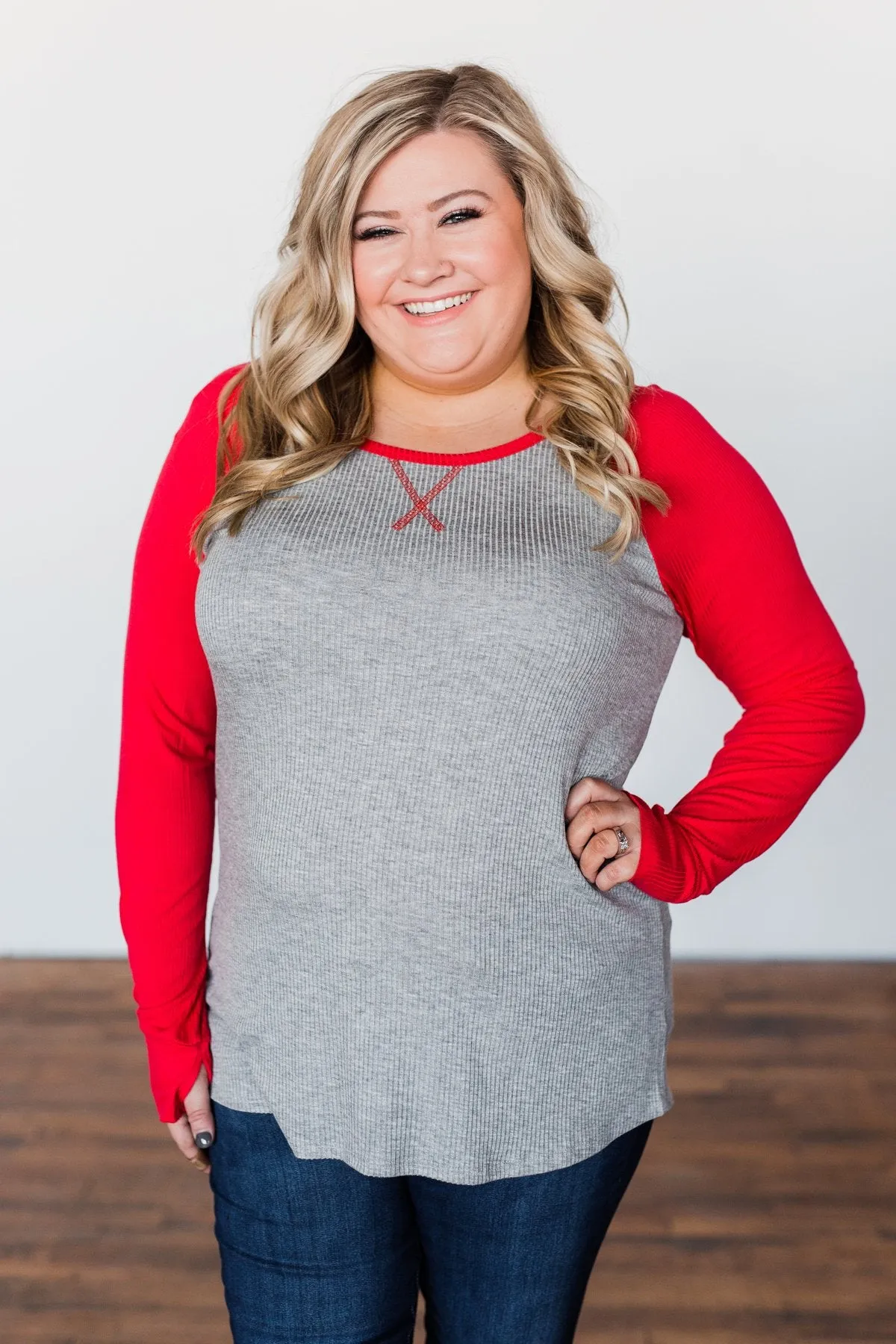 Season Awaits Long Sleeve Raglan Top- Deep Coral