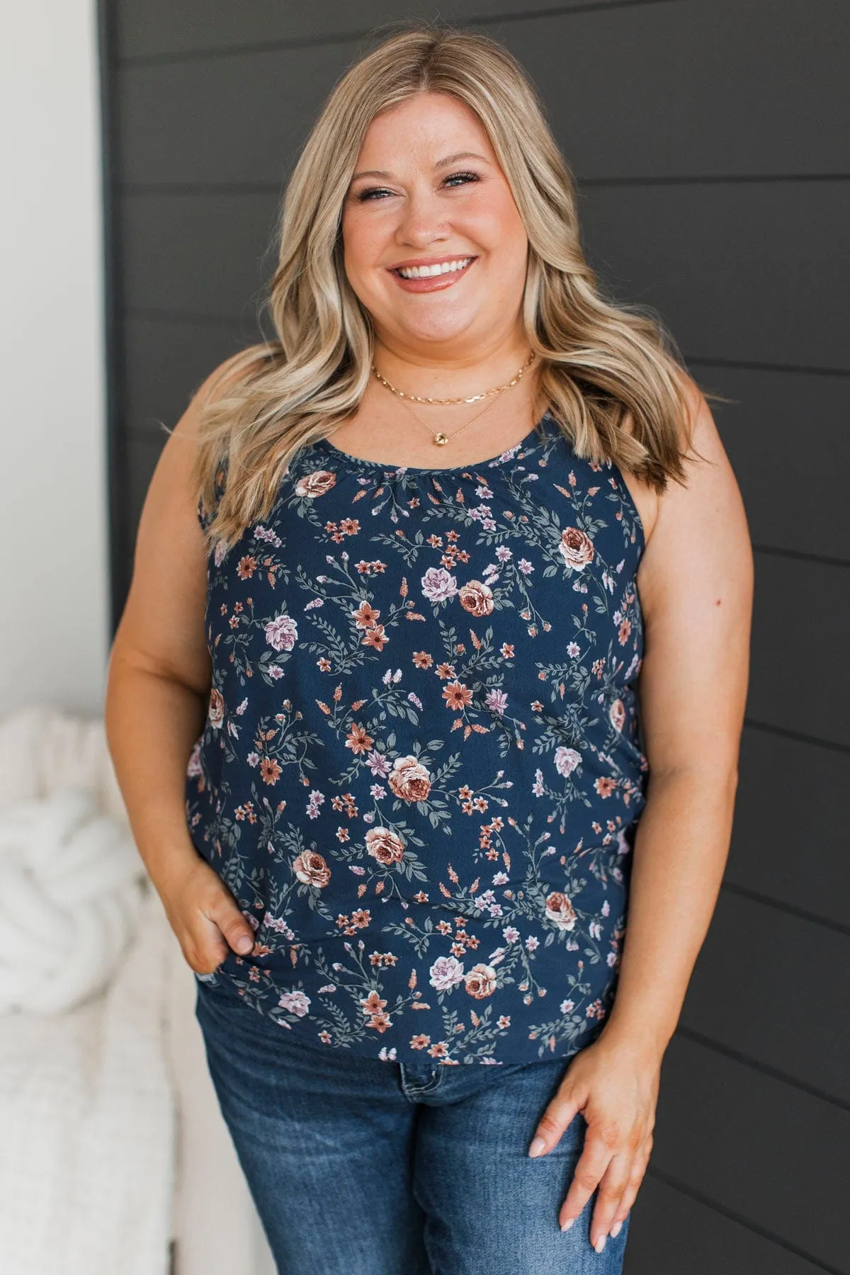 Seeing The Beauty Floral Tank Top- Navy