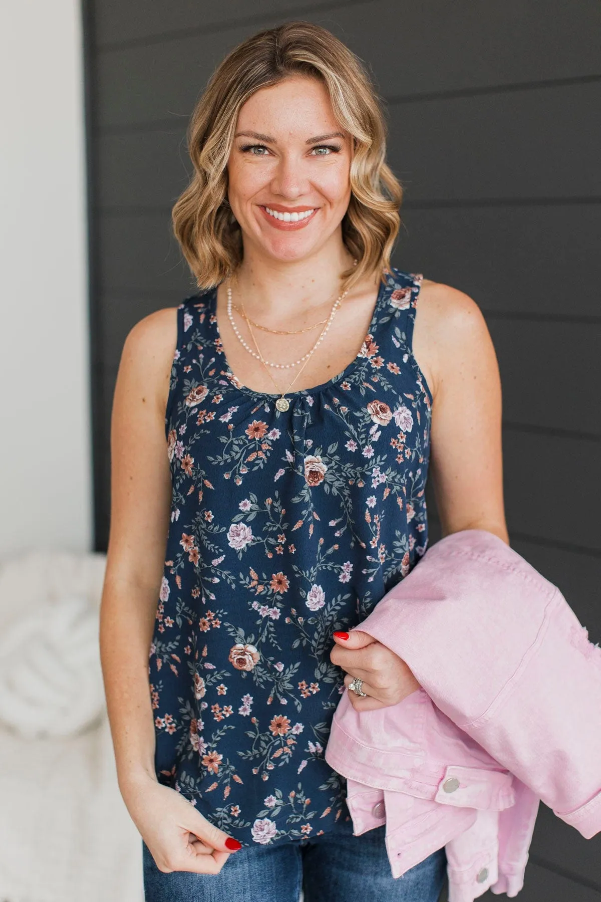 Seeing The Beauty Floral Tank Top- Navy