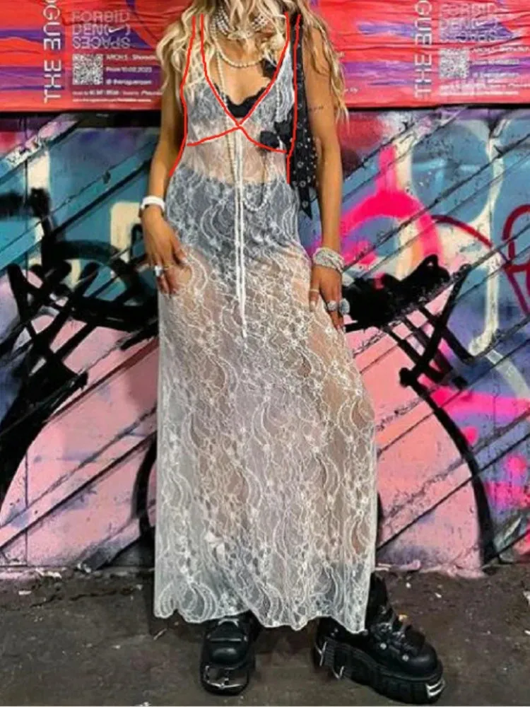 Sexy Lace Floral See-Through Party Dress Slip Clubwear for Women Spring Summer Beach Casual Long Dress