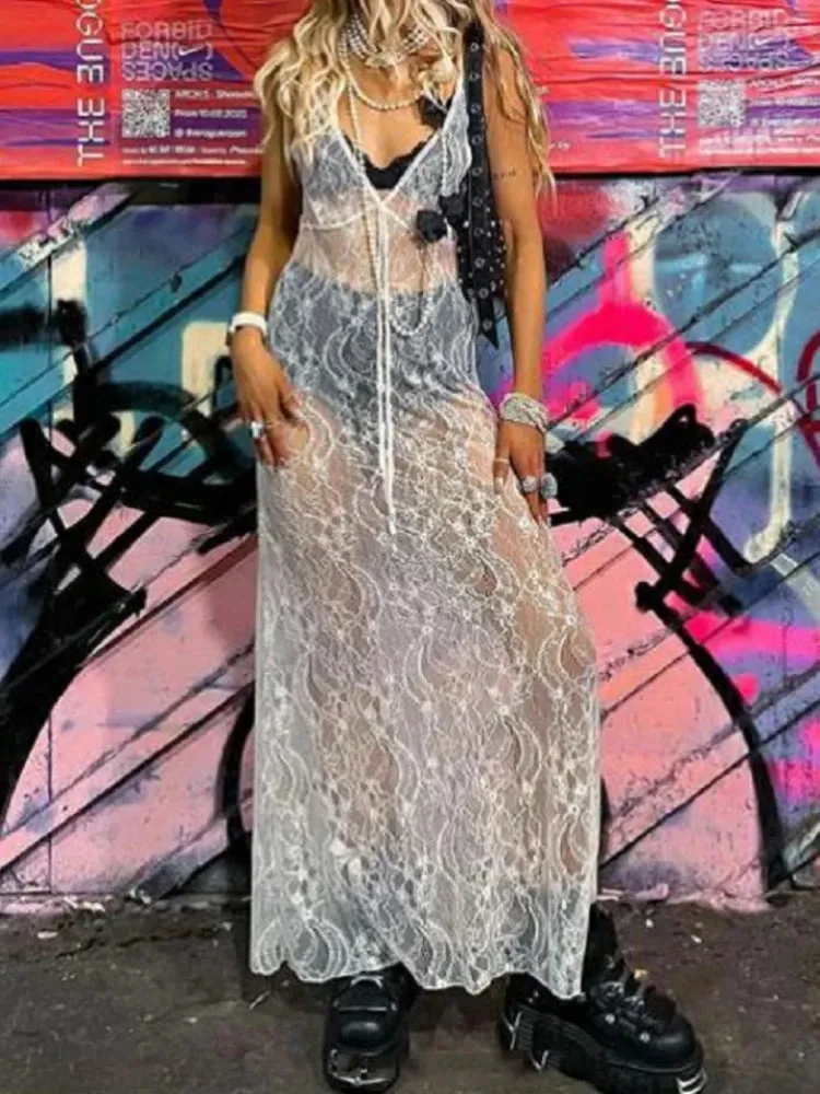 Sexy Lace Floral See-Through Party Dress Slip Clubwear for Women Spring Summer Beach Casual Long Dress
