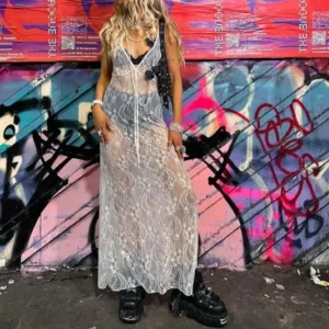Sexy Lace Floral See-Through Party Dress Slip Clubwear for Women Spring Summer Beach Casual Long Dress