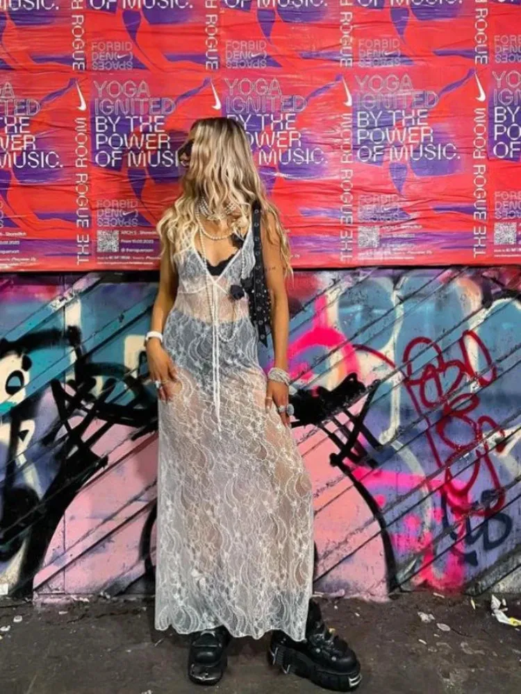 Sexy Lace Floral See-Through Party Dress Slip Clubwear for Women Spring Summer Beach Casual Long Dress