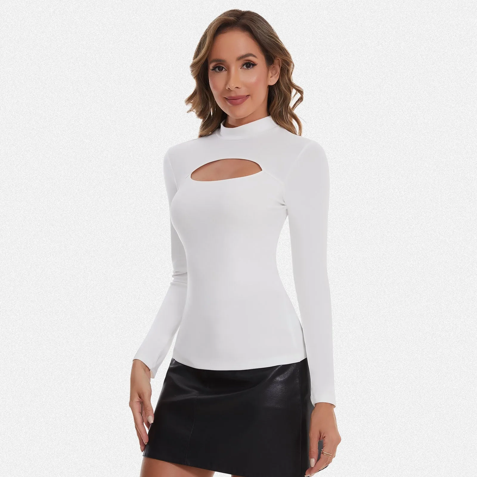 Shaperin Long Sleeve Cutout Mock Turtleneck Slim Fit Top