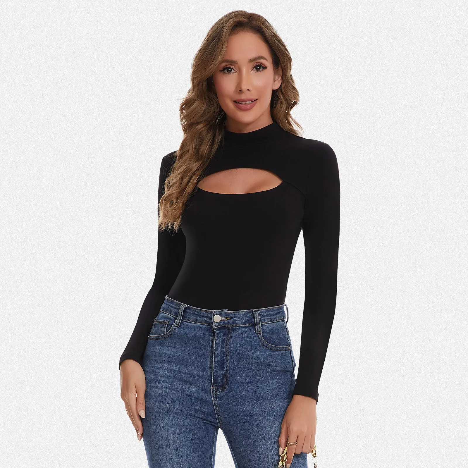 Shaperin Long Sleeve Cutout Mock Turtleneck Slim Fit Top