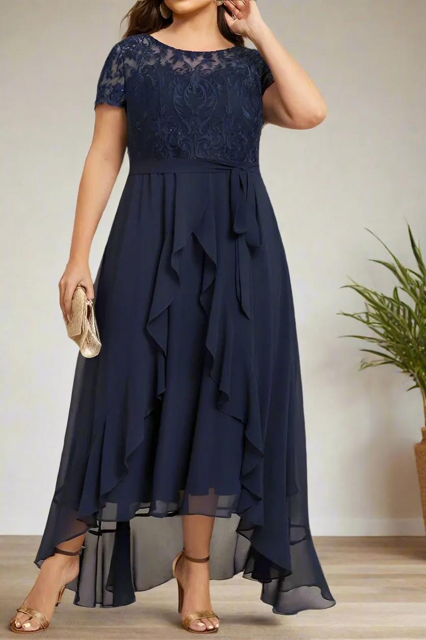 Short Sleeves Asymmetrical Scoop Neck Mother of The Bride Dresses with Ruffles