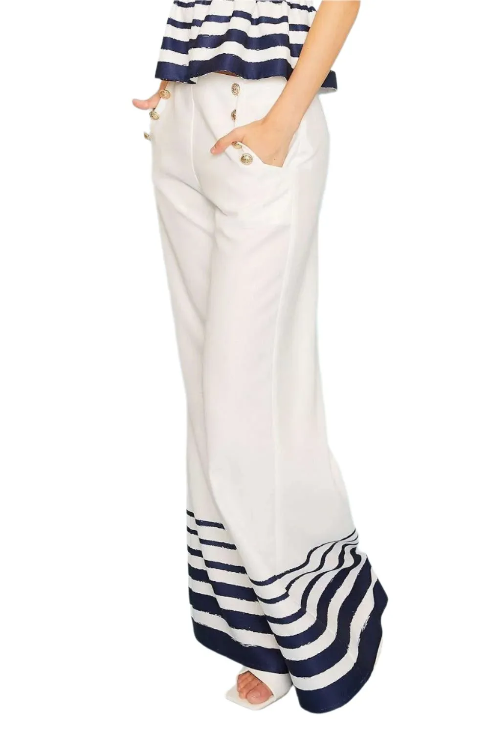 Side Button Hem Stripe Wide Fit Pants