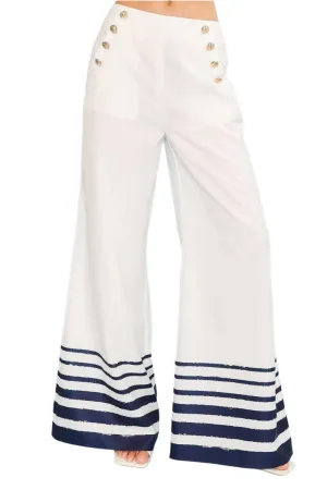 Side Button Hem Stripe Wide Fit Pants