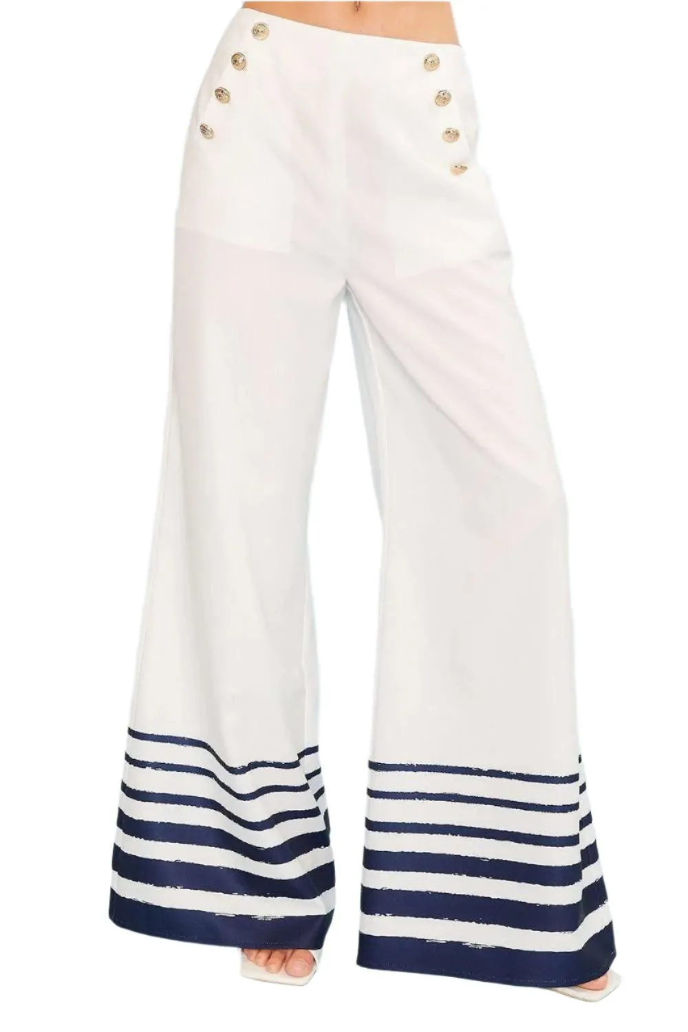 Side Button Hem Stripe Wide Fit Pants