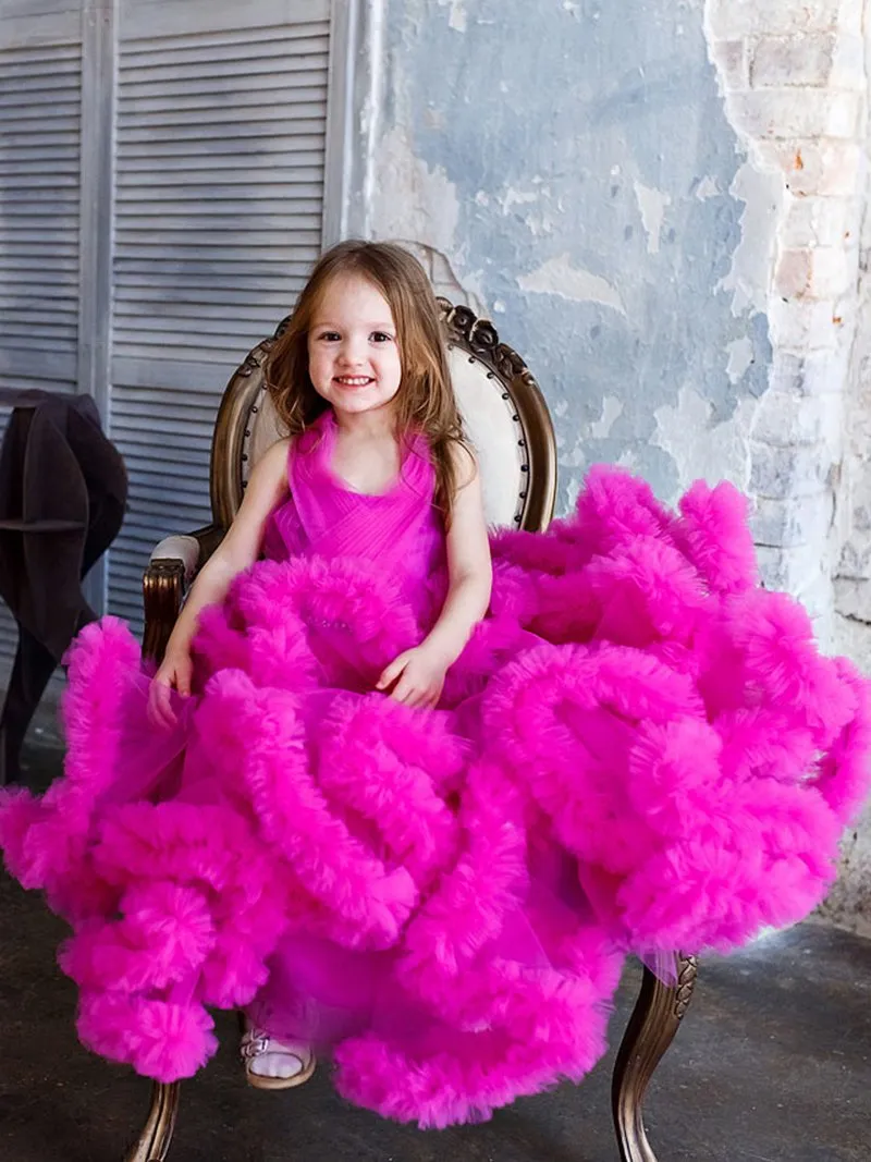 Sleeveless V Neck Ruffled Flower Girl Dress