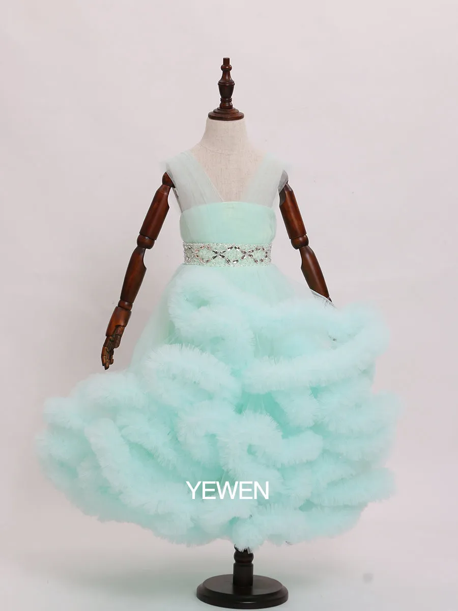 Sleeveless V Neck Ruffled Flower Girl Dress