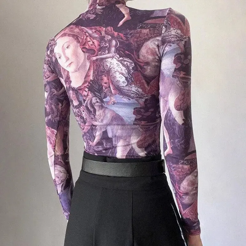 Slim-Fit Mesh Top with Antique Angel Print in Y2K Aesthetic Style