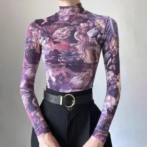 Slim-Fit Mesh Top with Antique Angel Print in Y2K Aesthetic Style