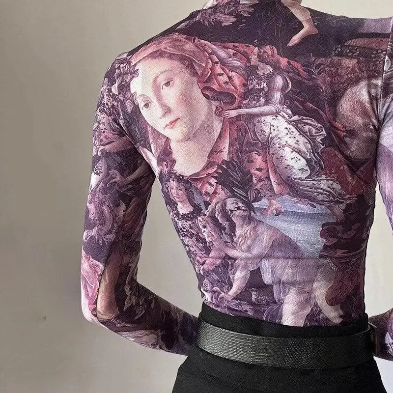 Slim-Fit Mesh Top with Antique Angel Print in Y2K Aesthetic Style