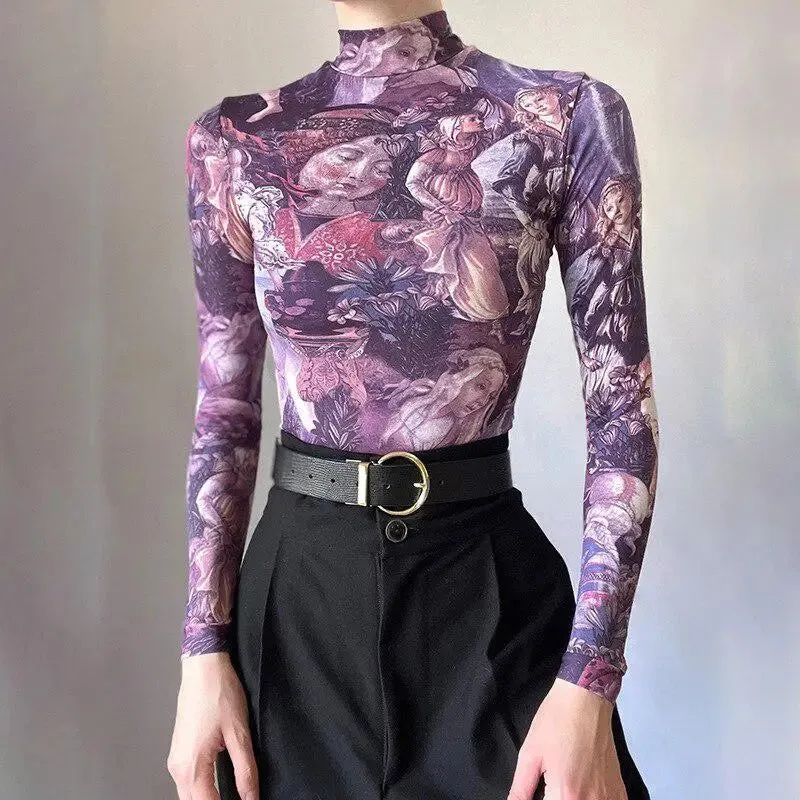 Slim-Fit Mesh Top with Antique Angel Print in Y2K Aesthetic Style