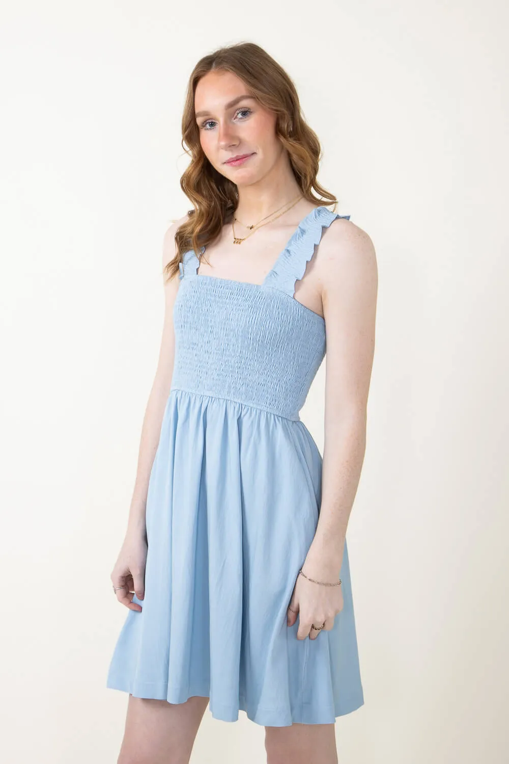 Smocked Bodice Straps Dress for Women in Blue | H43017-DNM