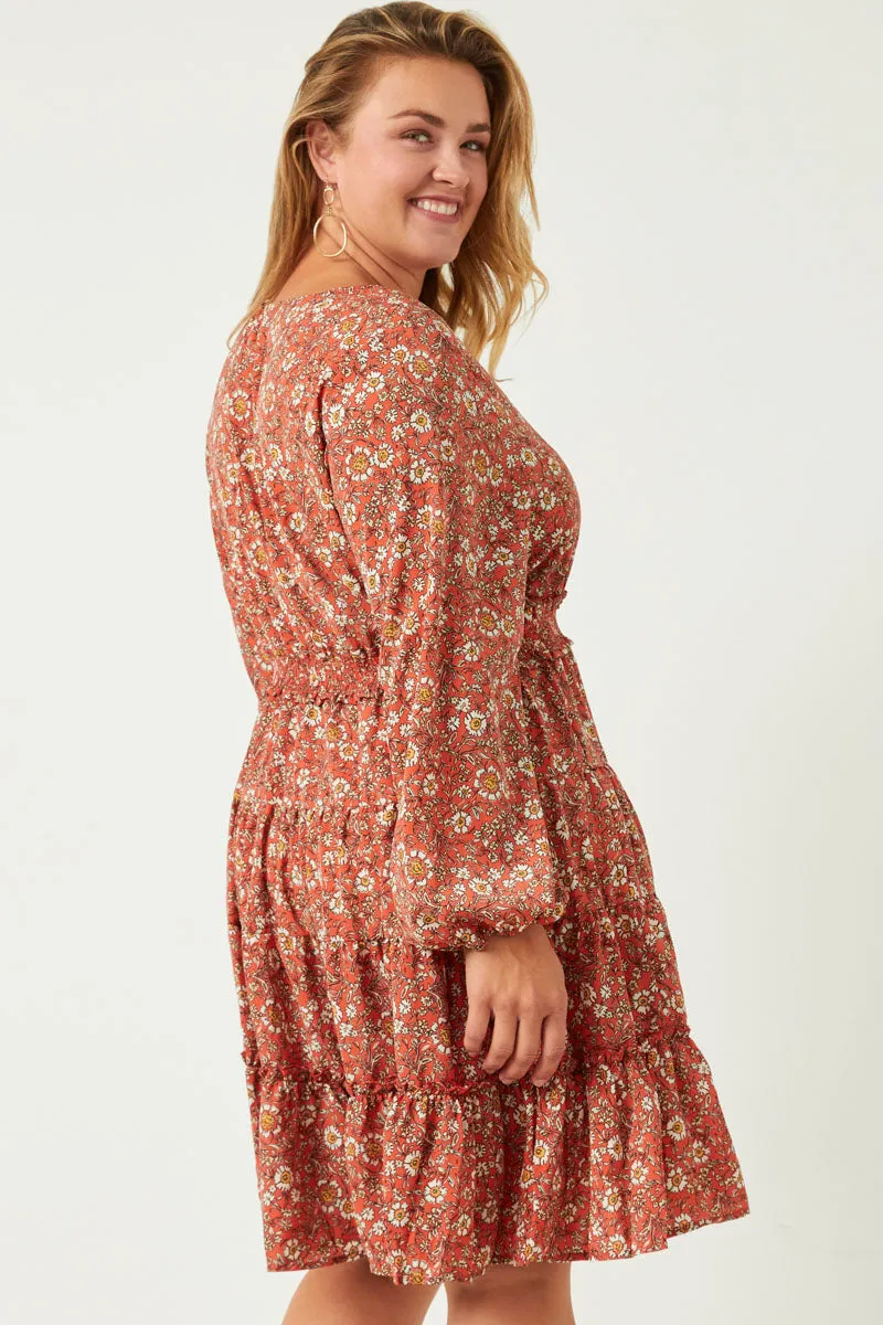 Smocked Waist Ruffled Tiered V Neck Dress