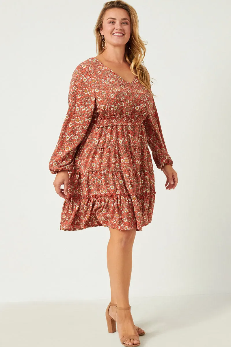 Smocked Waist Ruffled Tiered V Neck Dress