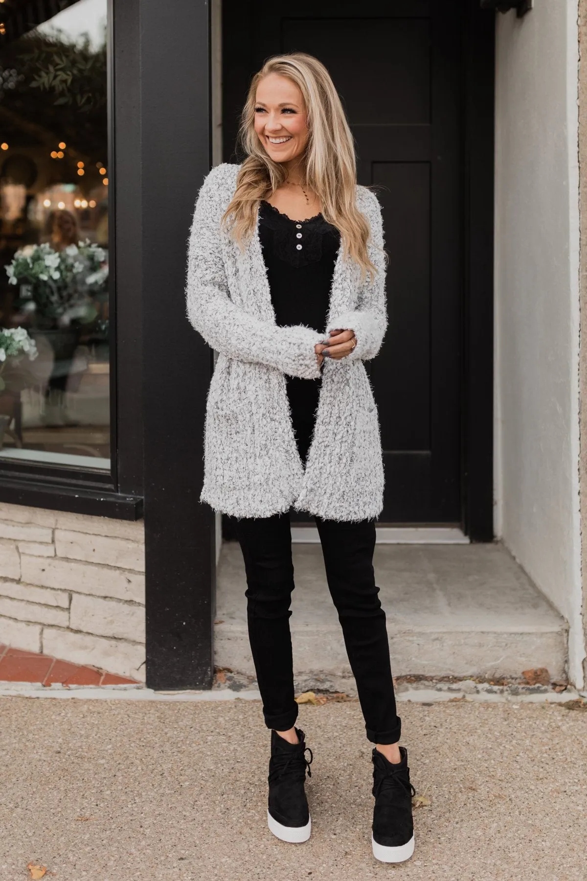 So In Love Popcorn Cardigan- Light Grey & Ivory