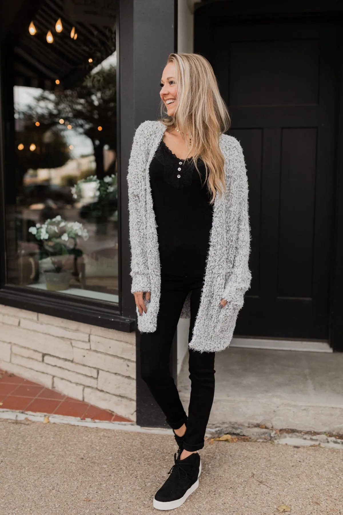So In Love Popcorn Cardigan- Light Grey & Ivory