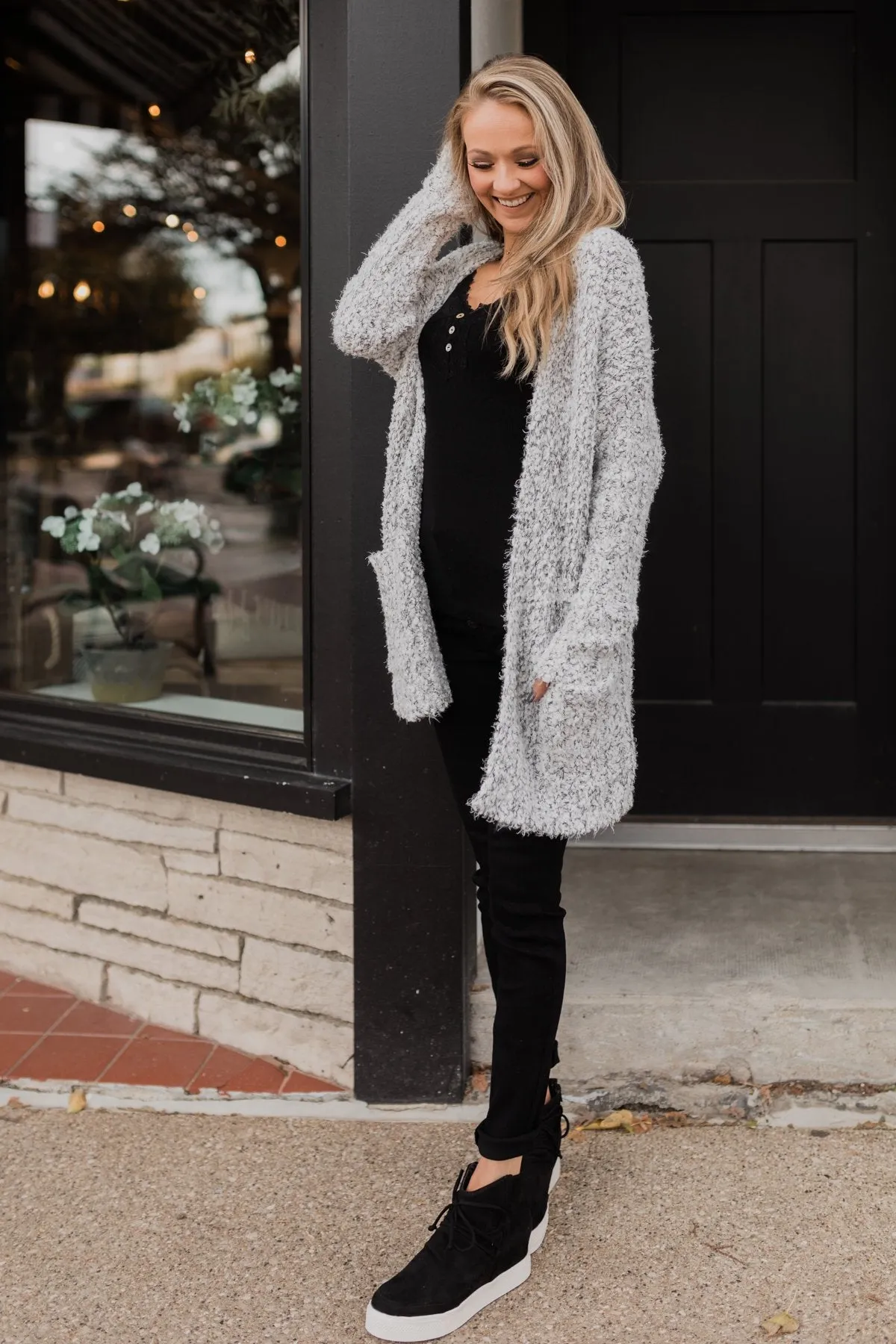 So In Love Popcorn Cardigan- Light Grey & Ivory