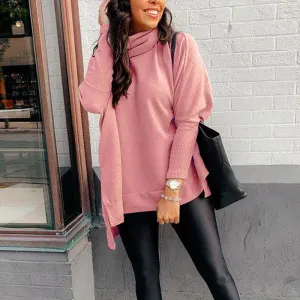 Solid Turtleneck Long Sleeve Loose Top