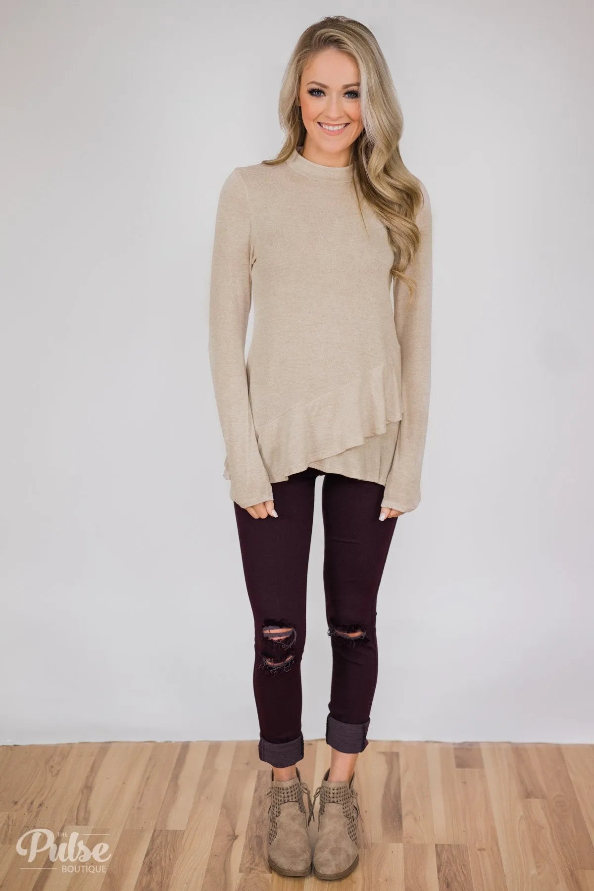 Somebody Like You Ruffle Long Sleeve Top- Oatmeal