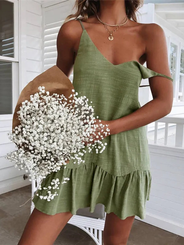 Spaghetti V-Neck Mini Dress with Ruffled Hem and Spaghetti Straps
