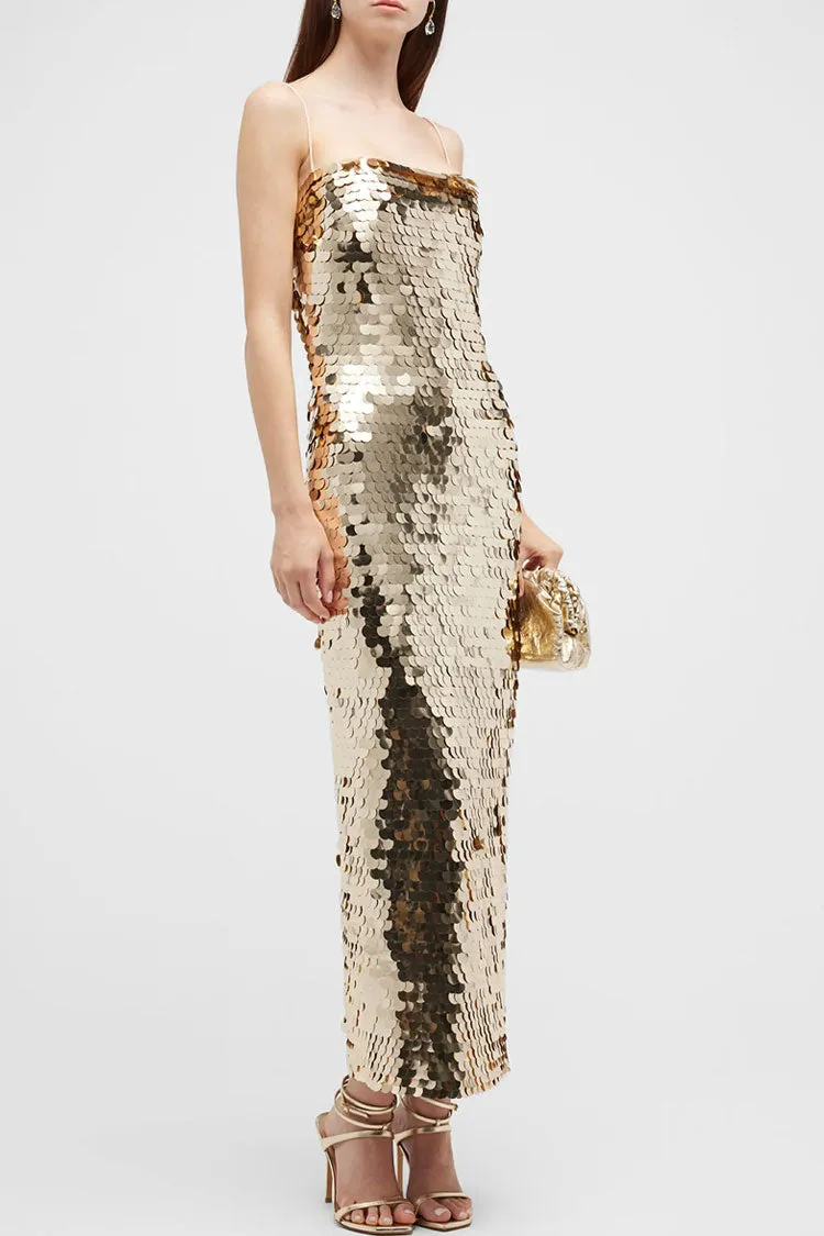 Sparkly Square Neck Spaghetti Strap Bodycon Sequin Cocktail Midi Dress - Gold