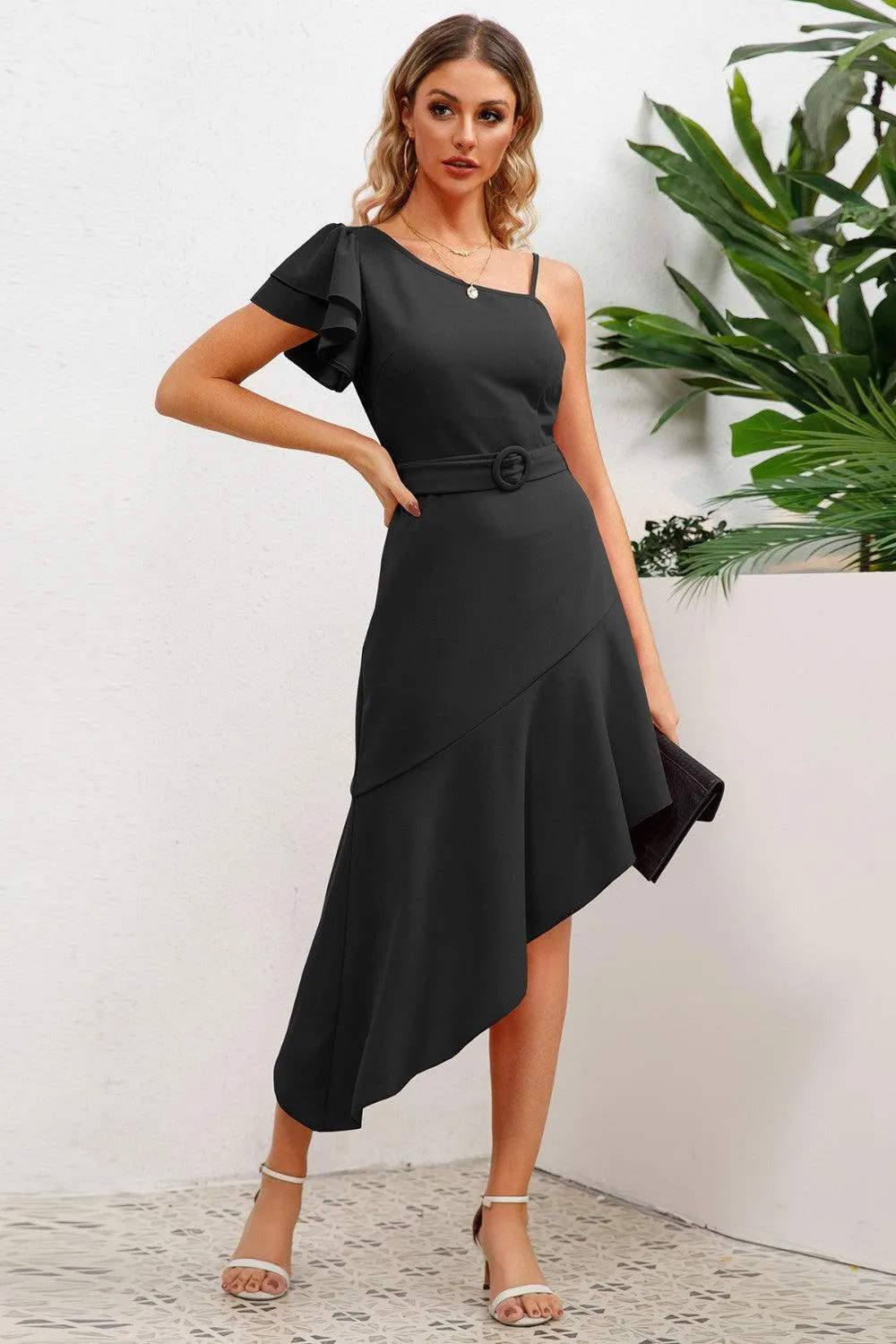 Standout Ruffled Asymmetrical Hem Dress