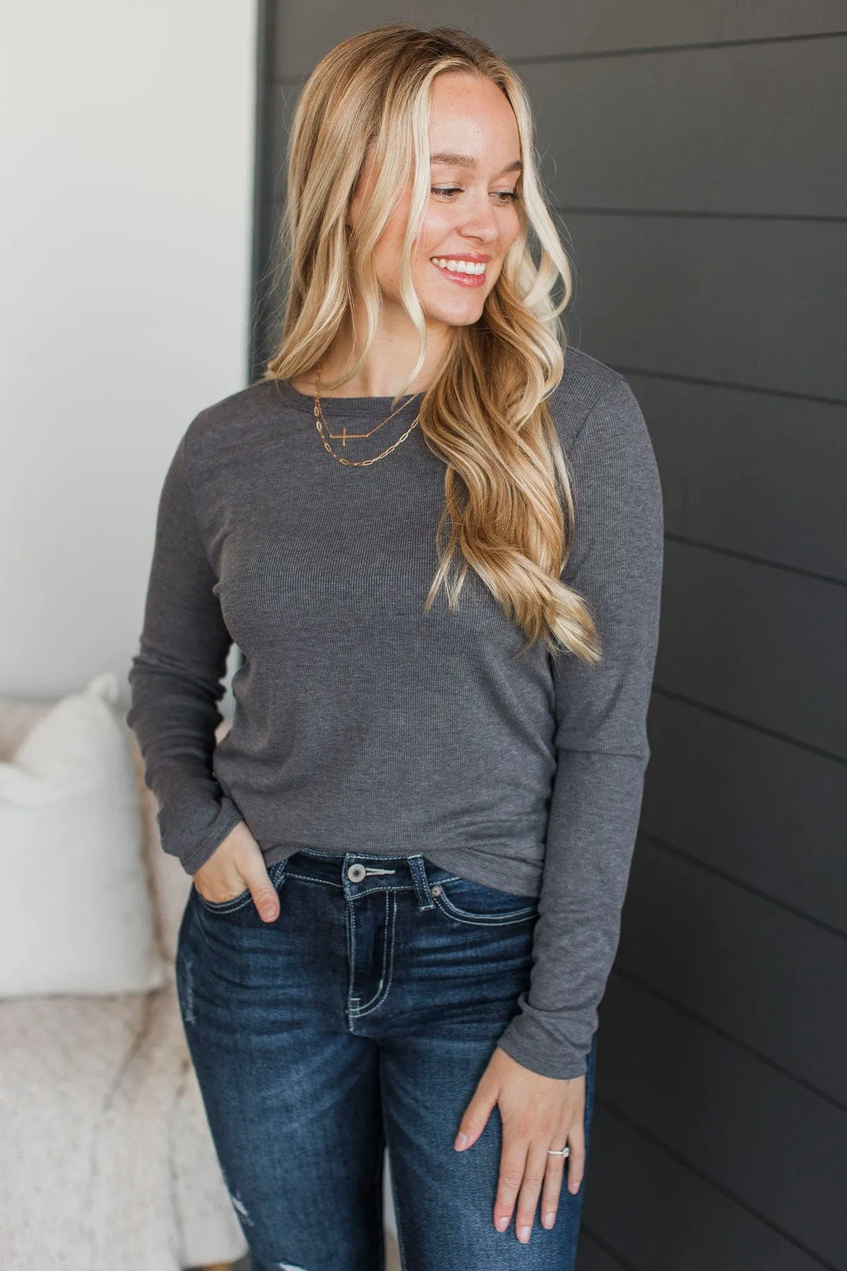 Super Lovable Long Sleeve Top- Charcoal