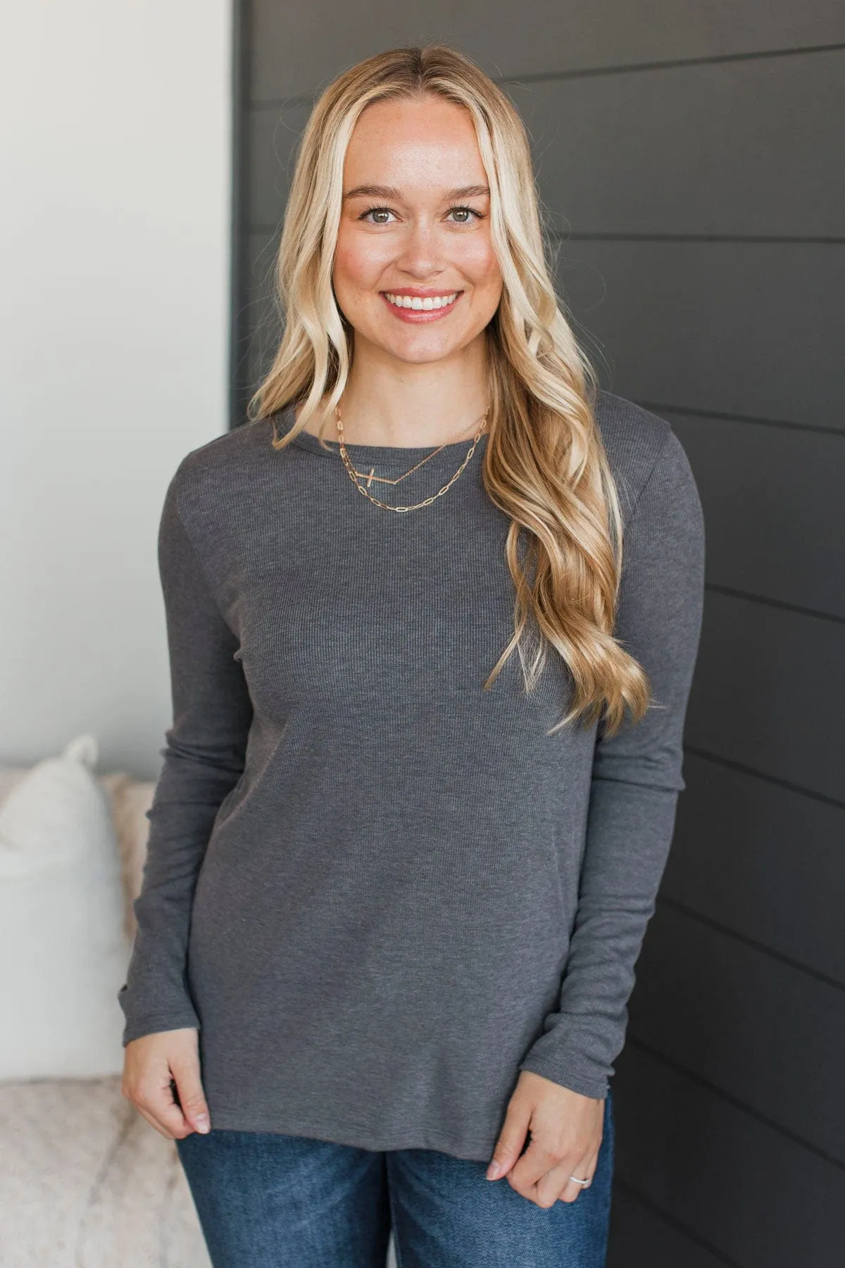 Super Lovable Long Sleeve Top- Charcoal