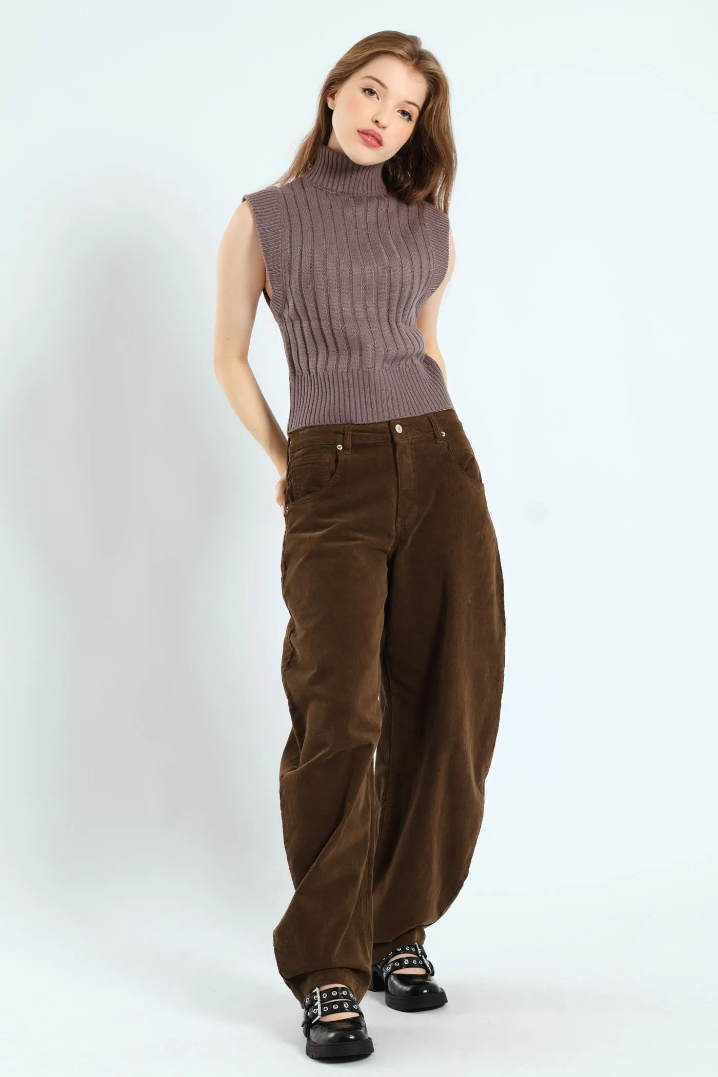 Sweater Knit Turtleneck Top - Grey