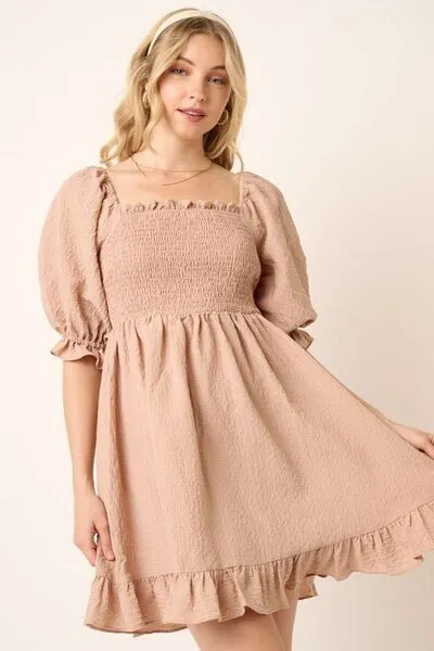 Taupe Smocked Ruffled Hem Half Sleeve Mini Dress: Your Go-To Pick for Chic and Easy Fashion