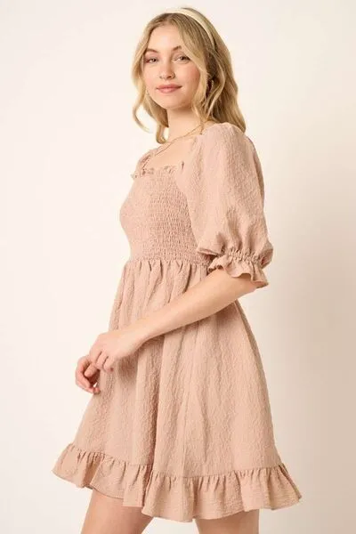 Taupe Smocked Ruffled Hem Half Sleeve Mini Dress: Your Go-To Pick for Chic and Easy Fashion