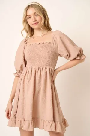 Taupe Smocked Ruffled Hem Half Sleeve Mini Dress: Your Go-To Pick for Chic and Easy Fashion