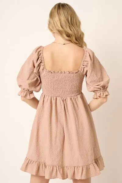 Taupe Smocked Ruffled Hem Half Sleeve Mini Dress: Your Go-To Pick for Chic and Easy Fashion