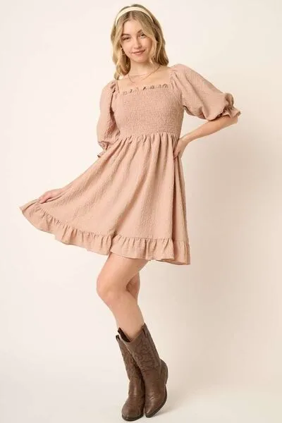 Taupe Smocked Ruffled Hem Half Sleeve Mini Dress: Your Go-To Pick for Chic and Easy Fashion
