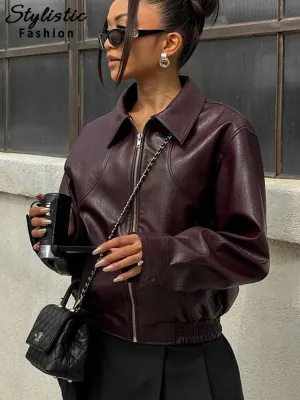 thanksgiving outfit JazzHer Vintage Faux Leather Short Jacket Women Zipper Long Sleeve Lapel Moto Biker Street Coats Female 2024 New Chic Outwear Top Lady