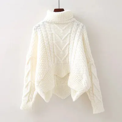 Thickened Sweater Women Autumn Winter Tops Korean Style Loose Twist Knitted Short Design Pullover Turtleneck Black Brown Female