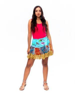 Three tiered Fabric mini ruffle skirt. In Multi.