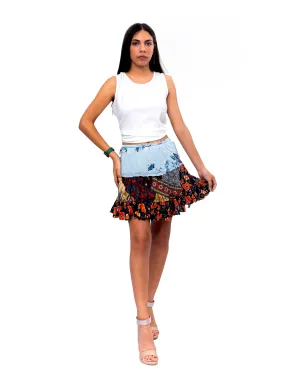 Three tiered Fabric mini ruffle skirt. In Multi.