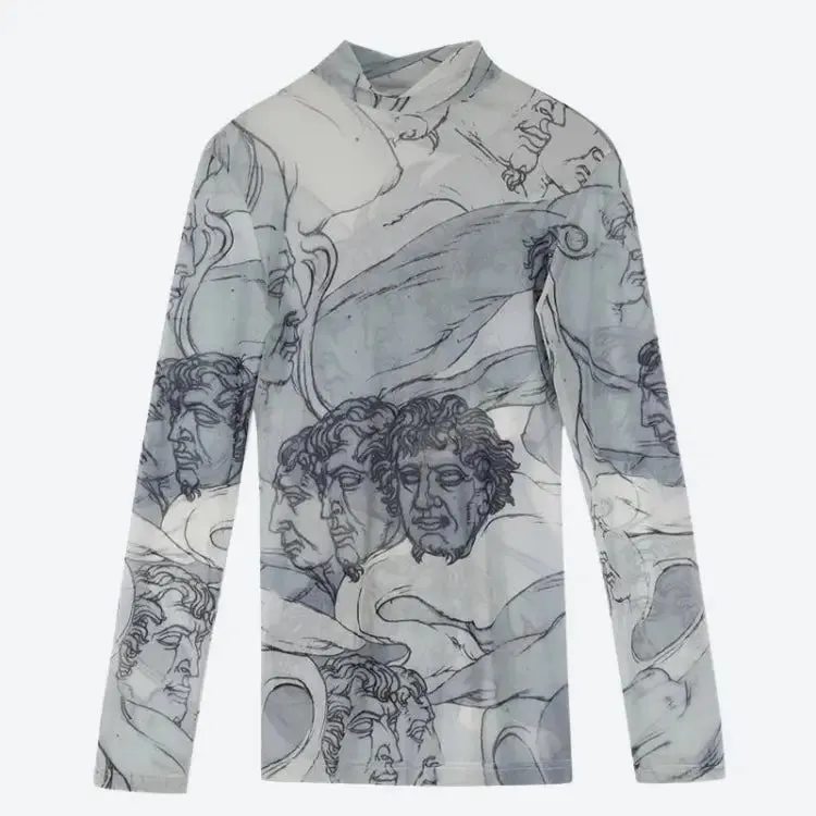 Transparent Mesh Top with Sculpture Heads Print for Art Lovers