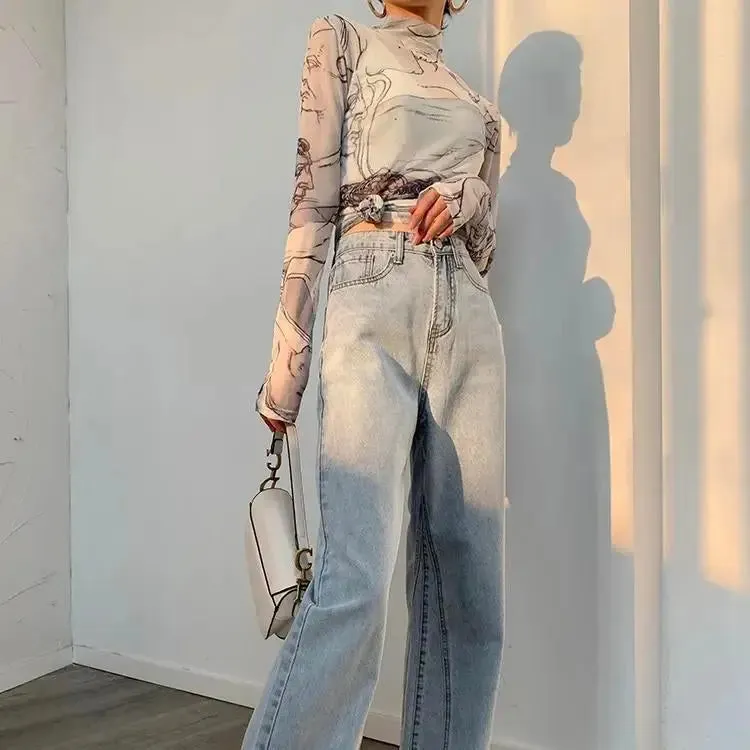 Transparent Mesh Top with Sculpture Heads Print for Art Lovers