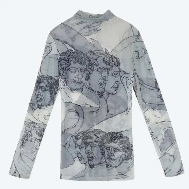 Transparent Mesh Top with Sculpture Heads Print for Art Lovers