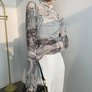Transparent Mesh Top with Sculpture Heads Print for Art Lovers