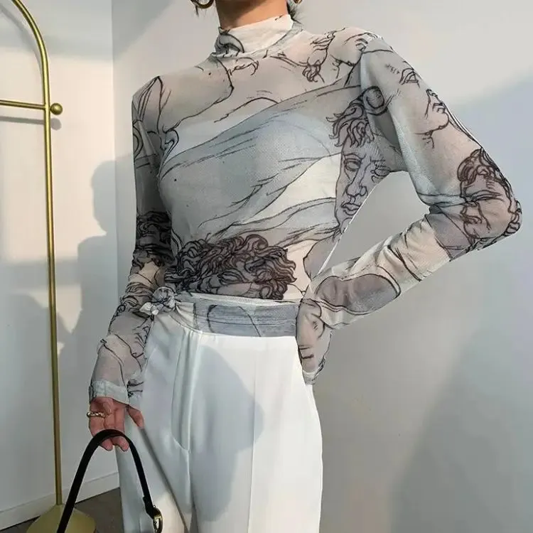 Transparent Mesh Top with Sculpture Heads Print for Art Lovers