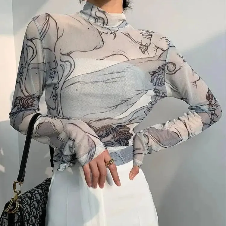 Transparent Mesh Top with Sculpture Heads Print for Art Lovers