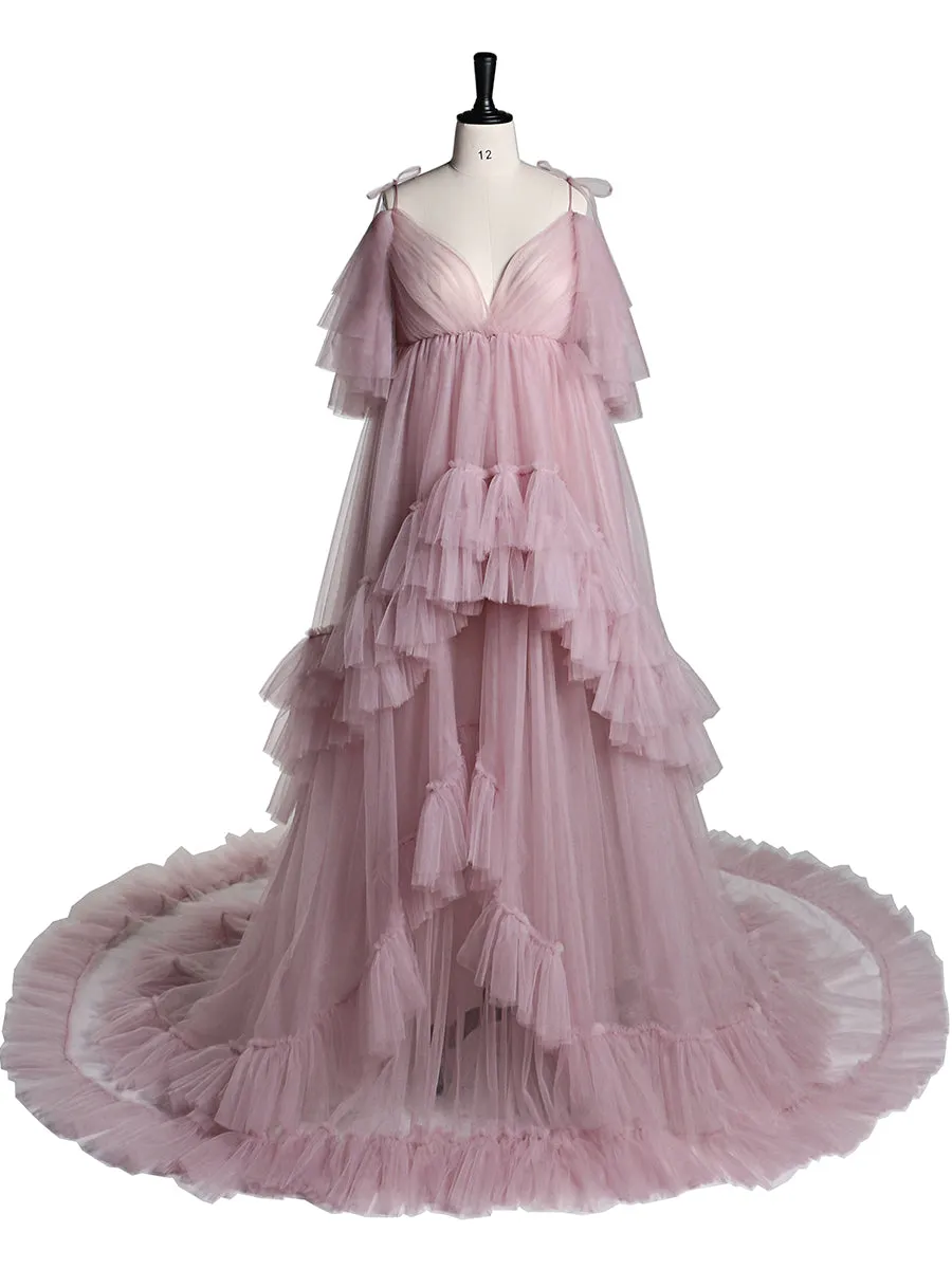 Tulle Maternity Dress For Photo Shoot Stretch Waist Cold Shoulder V Neck Ruffled Baby Shower Dress