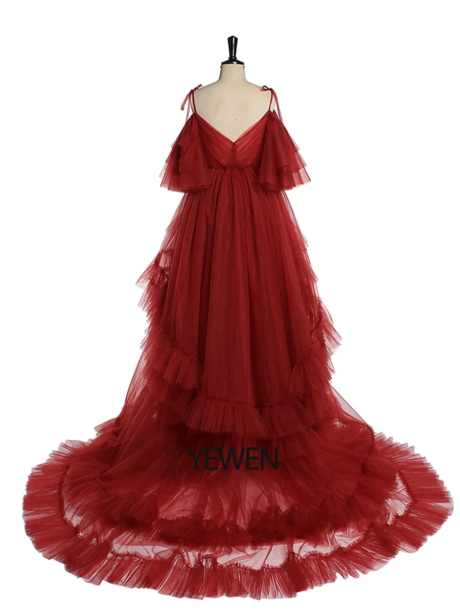 Tulle Maternity Dress For Photo Shoot Stretch Waist Cold Shoulder V Neck Ruffled Baby Shower Dress